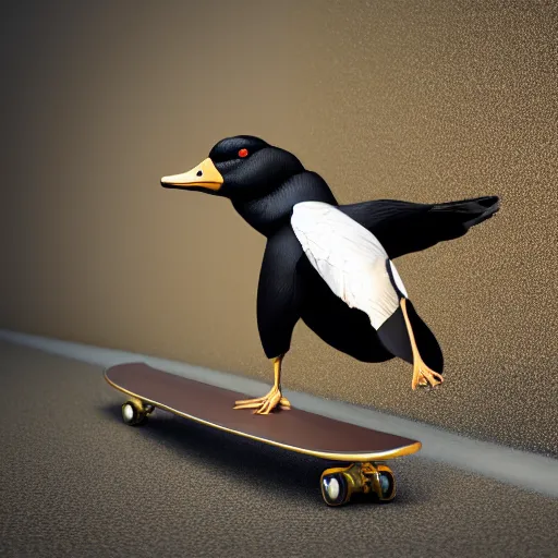 Image similar to a black goose using a gold jacket in dynamic pose doing a no comply skateboard trick 3 d render clay material high detail