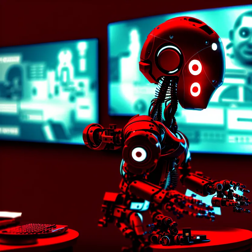 Image similar to a film shot of a robot playing video games, cool, red, photo, realistic, hd, intricate details, cyberpunk, dark, horror, award - winning cinematic lighting, 3 5 mm