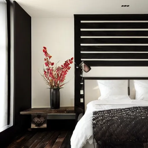 Prompt: bedroom, stone, interior design, stylish luxury hotel bedroom design, yakisugi, black vertical slatted timber, textures, feminine, black walls, art, vase with flowers, Japanese influences