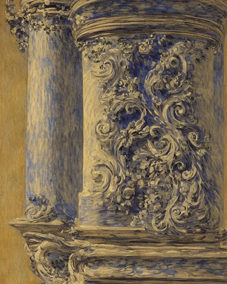 Prompt: achingly beautiful painting of intricate ancient roman corinthian capital on sapphire background by rene magritte, monet, and turner. giovanni battista piranesi.