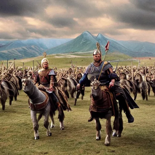 Prompt: the rohirrim riding into battle on alpacas at minas tirith