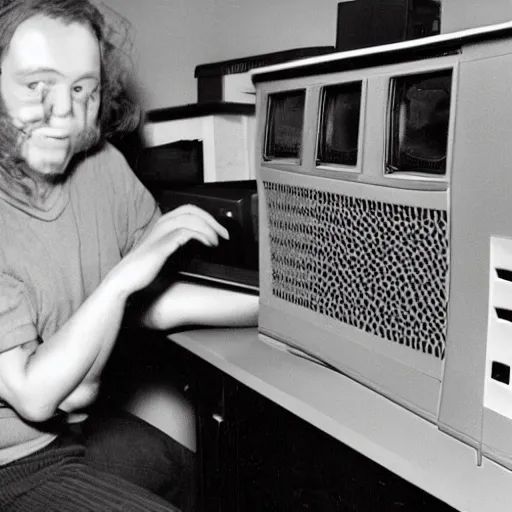 Image similar to weird person in front of C64 computer, old photograph