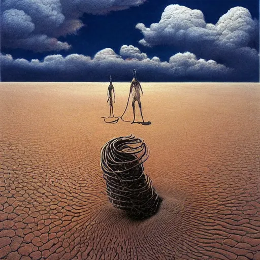 Image similar to a hyperrealistic painting of creatures emerging from the sand in a vast desert, blue skies, swirling clouds, by john kenn mortensen and zdzislaw beksinski, highly detailed, vivid color,