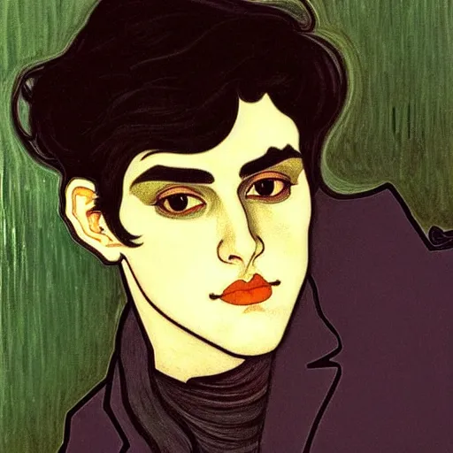 Prompt: painting of handsome beautiful dark haired man in his 2 0 s named shadow taehyung at the cucumber soup party, elegant, clear, painting, stylized, delicate, soft facial features, art, art by alphonse mucha, vincent van gogh, egon schiele