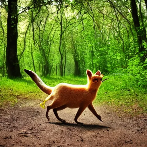 Prompt: a cute green pear animal walking in front of a forest, and looking at the camera ; pear skin ; nature photography