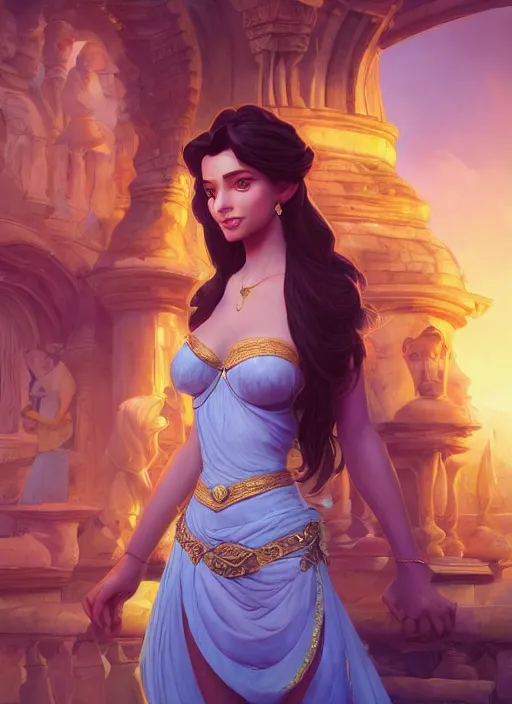 Image similar to princess jasmine, au naturel, hyper detailed, digital art, trending in artstation, cinematic lighting, studio quality, smooth render, unreal engine 5 rendered, octane rendered, art style by klimt and nixeu and ian sprigger and wlop and krenz cushart.