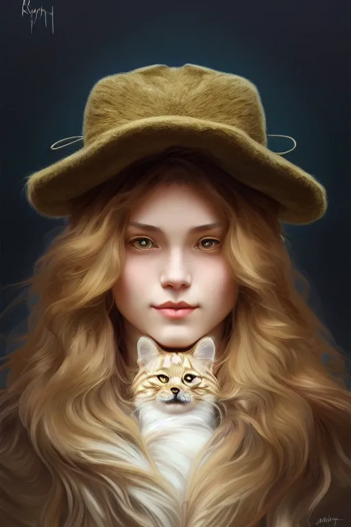 Image similar to symmetry!! girl with siberian cat in a hat!!, intricate, elegant, highly detailed, digital painting, artstation, concept art, smooth, sharp focus, illustration, art by artgerm and greg rutkowski and alphonse mucha, 8 k