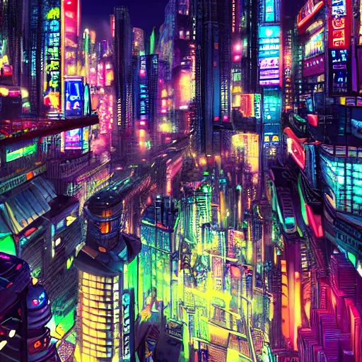 Prompt: massive sprawling neo-tokyo metropolis. bright neon lights, hyper-futuristic city, cyberpunk artstation 4k