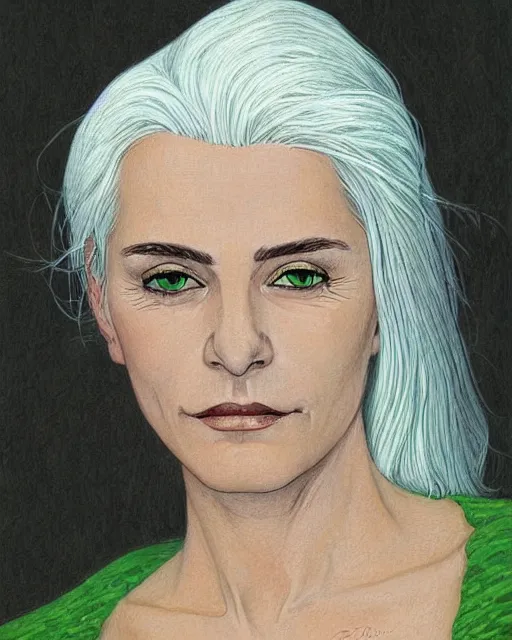 Prompt: beautiful woman with white hair and green eyes, portrait, elegant, dusk, illustration, art by moebius Jean Giraud