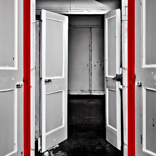 Image similar to a white room with multiple red doors, surreal, creepy, unsettling, liminal space,