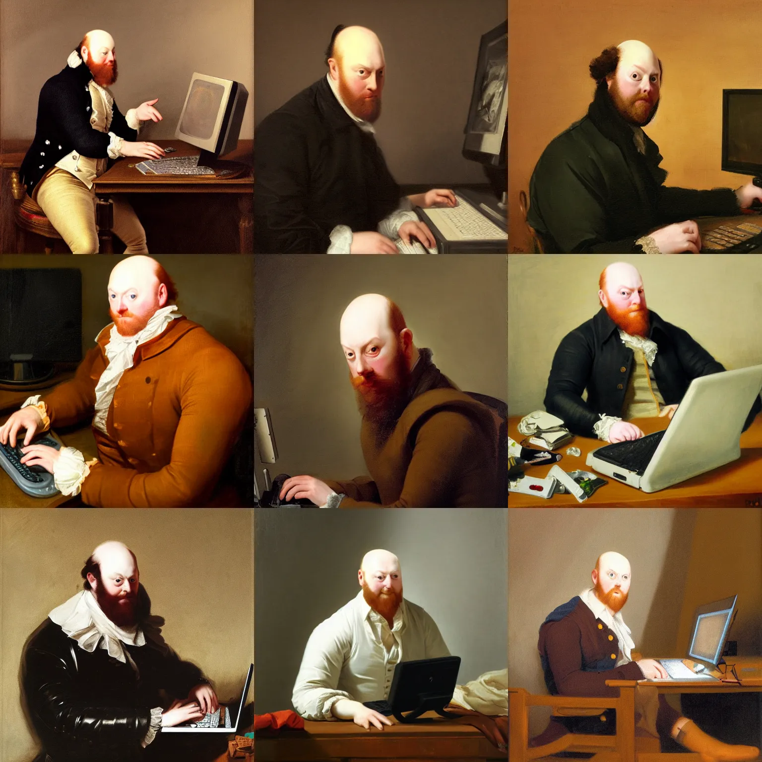 Prompt: playful portrait of angriestpat using a computer by joseph ducreux