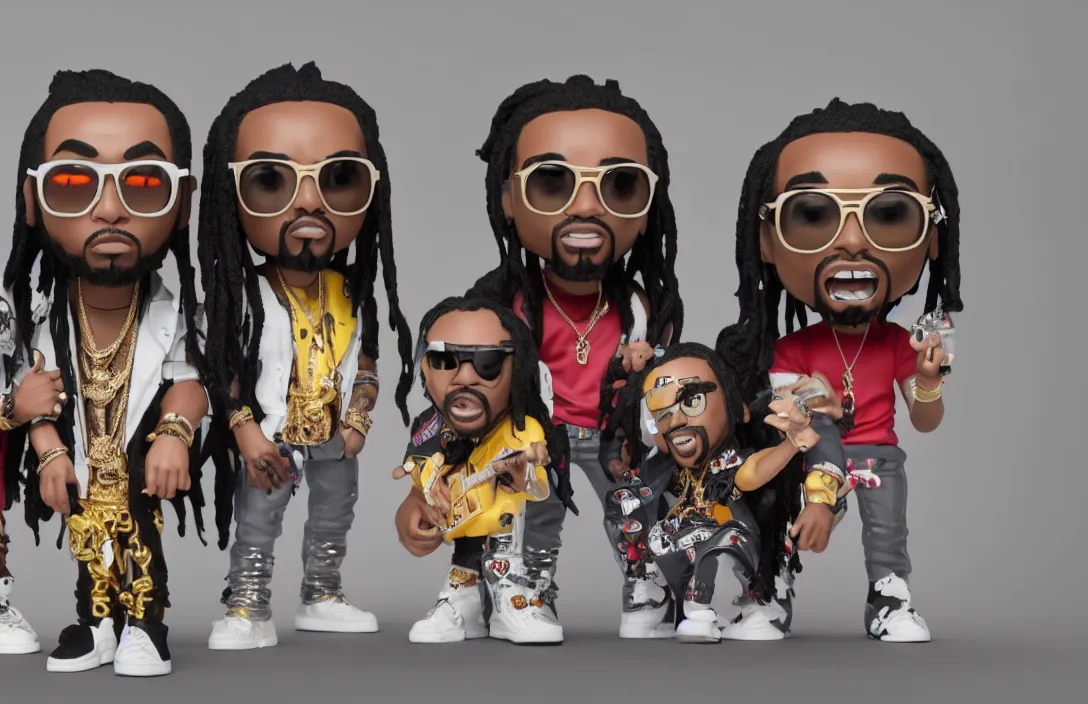 Image similar to funko pop of rap group migos members quavo, offset and takeoff, product shot, macro, hyper realistic, octane render, unreal engine, 4 k, 8 k