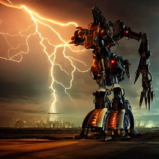 Prompt: big mech summoning lightning with its electricity coil arm, 3 d render, unity, steampunk, cyberpunk, plain background, extremely detailed, intense, epic, cinematic lighting, copper, pipes, metal, rusty, glowing electric, reflective, hdr,