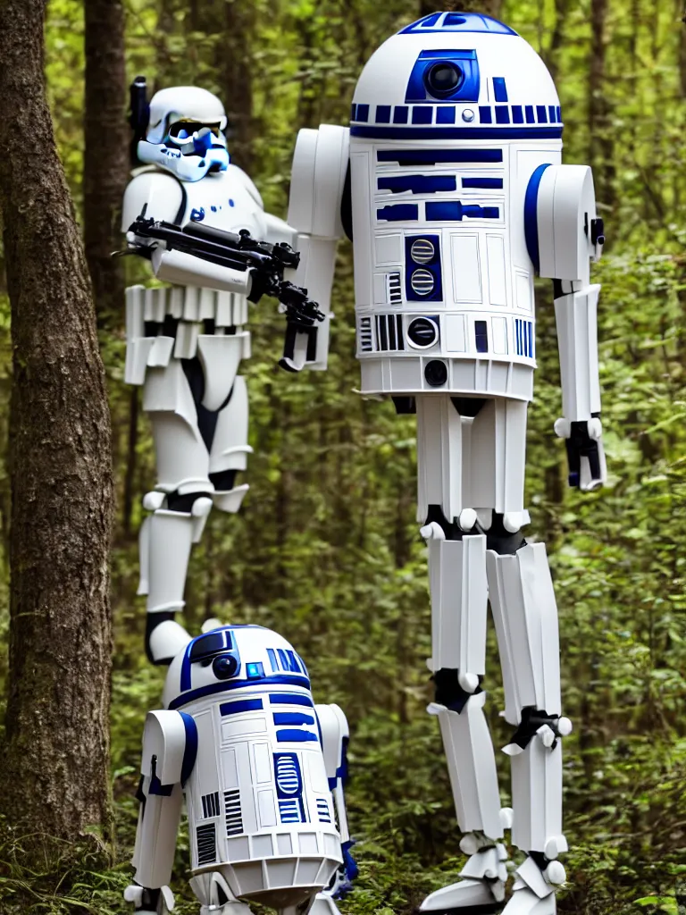 Image similar to still of a stormtrooper R2-D2, standing in the forest, golden hour, high quality, sigma 55mm, full body shot, ewoks