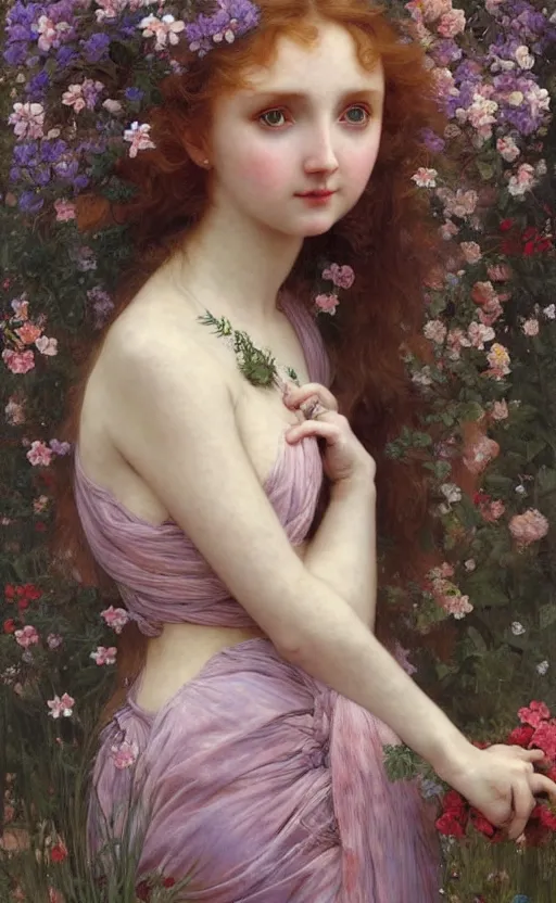 Image similar to a realistic oil painting of a girl resembling lily cole, covered in tons of flowers, highly detailed, intricate, detailed background, fairytale, artstation, by mucha, by william adolphe bouguereau, by waterhouse