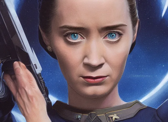 Image similar to a disney film still of emily blunt as a star trek officer, finely detailed features, closeup of the face, perfect art, dusk, blue hour, gapmoe yandere grimdark, trending on pixiv fanbox, painted by greg rutkowski, makoto shinkai, takashi takeuchi, alphonse mucha, akihiko yoshida