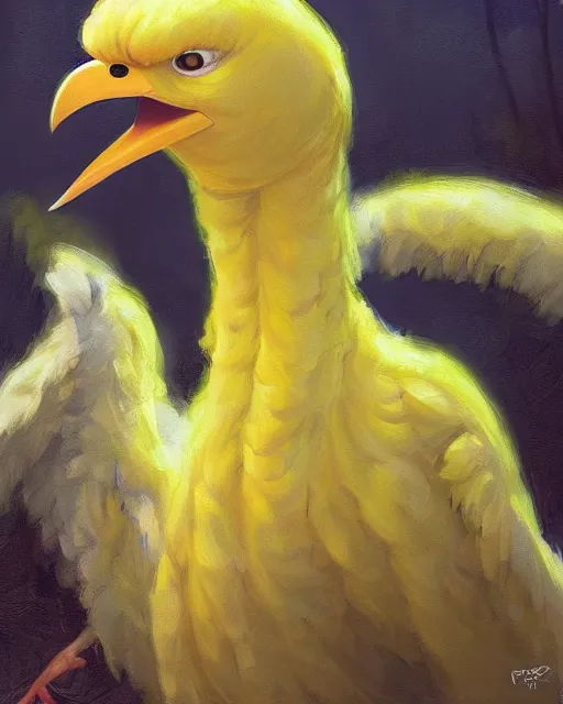 Image similar to Portrait of Big Bird's child, Big Bird morph child morph, digital painting, realistic shaded, realistic shaded lighting, fan art, pixiv, by Ilya Kuvshinov, morph dna, realistic face body morph, magali villeneuve, Artstation, by Jeremy Lipkin and by Michael Garmash and by Rob Rey. Face retouch