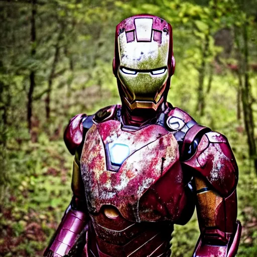 Prompt: Rusty Iron Man suit found abandoned in the woods being reclaimed by nature