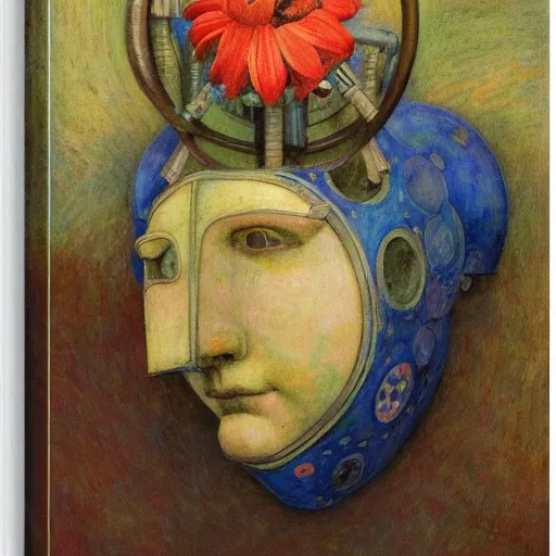 Image similar to the mechanical robot in her floral mask, by annie swynnerton and diego rivera, and nicholas roerich and jean delville, symbolist, dramatic lighting, elaborate geometric ornament, art brut, soft cool colors, smooth, sharp focus, extremely detailed, adolf wolfli