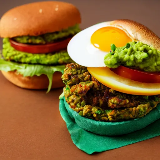 Image similar to vegan hamburger with guacamole and crispy fried onion and fried egg toppings, crispy buns, 8 k resolution, studio lighting, sharp focus, hyper - detailed