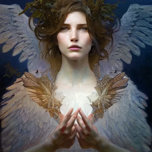 Prompt: portrait of a fallen angel with fading wings, intricate, headshot, highly detailed, digital painting, artstation, concept art, sharp focus, cinematic lighting, illustration, art by artgerm and greg rutkowski, alphonse mucha, cgsociety