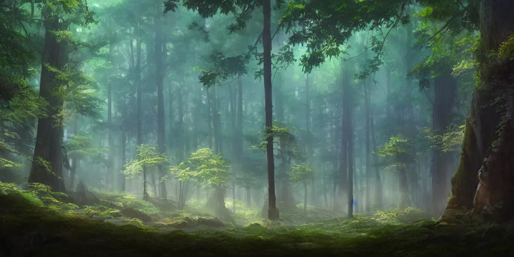 Prompt: a forest, cinematic angle, studio Ghibli, volumetric lighting, bold, beautiful composition, intricate, elegant, digital art, detailed oil painting, hyperrealistic, sharp focus, 8k