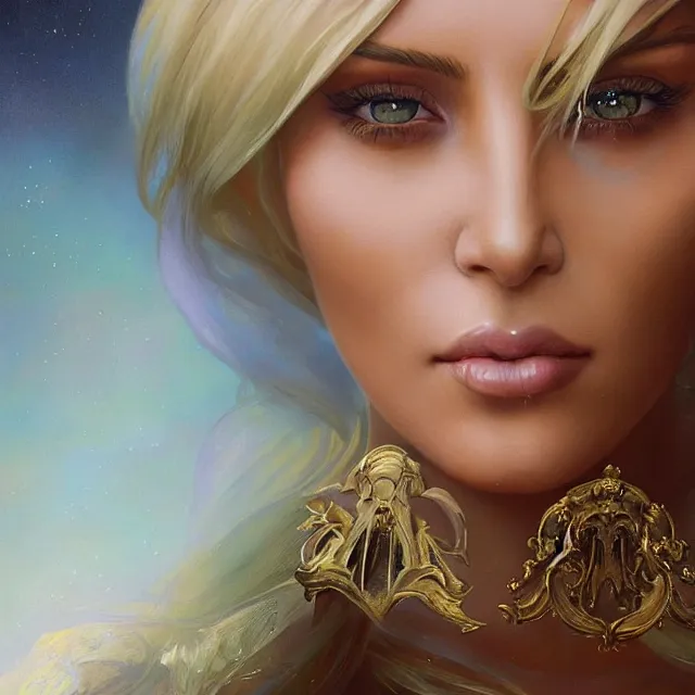 Image similar to Portrait of a mystical kim kardashian. Bright blue eyes, blonde hair, porcelain skin, full lips, oily chest, Fantasy art by artgerm and greg rutkowski and alphonse mucha, intricate, elegant, highly detailed, dramatic lighting, digital painting, concept art, illustration, award winning on artstation, D&D, AD&D.