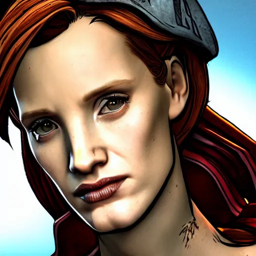 Image similar to jessica chastain portrait, borderlands, tales from the borderlands, the wolf among us, comic, cinematic lighting, studio quality, 8 k