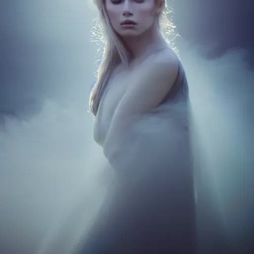 Image similar to photographic portrait of a stunningly beautiful alluring serene stark female ghost in soft dreamy light at sunset, smoke fog dust, god rays contemporary fashion shoot, by edward robert hughes, annie leibovitz and steve mccurry, david lazar, jimmy nelsson, breathtaking, 8 k resolution, extremely detailed, beautiful, establishing shot, artistic, hyperrealistic, beautiful face, octane render