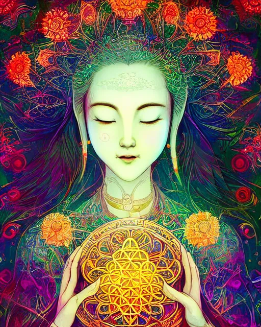 Prompt: flower of life contented peaceful bright eyes smiling bodhisattva, praying meditating, portrait, intricate, colorful, symmetrical, art by artgerm and wlop and james jean and carne griffiths, artstation 8 k uhd