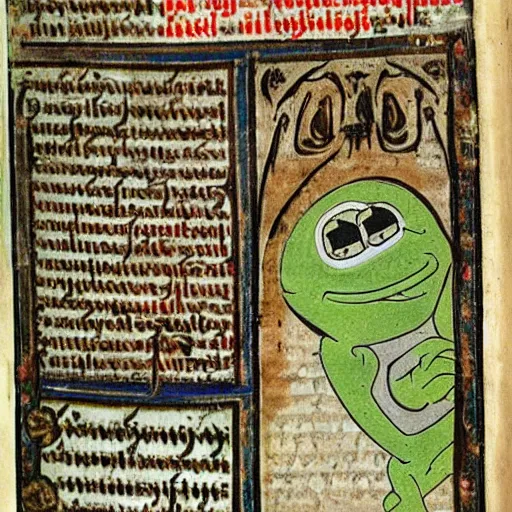 Image similar to page from a 1 4 th century monk's manuscript illustrating an epic battle between r 2 d 2 and!! pepe the frog!!