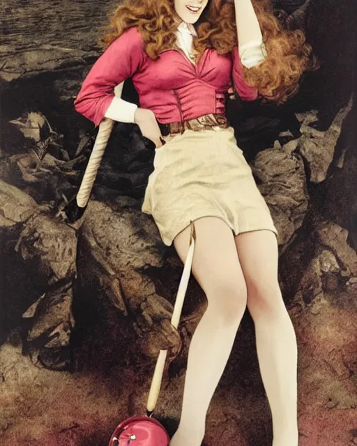 Prompt: pinup photo of hermione granger by emma watson in the crowded square of hogwarts, by gil elvgren, glossy skin, pearlescent, very coherent, very detailed