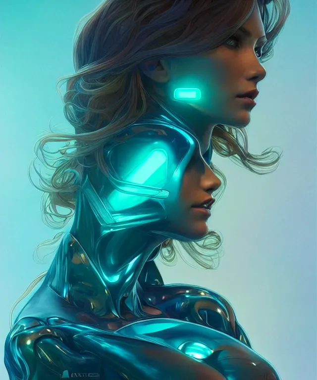 Image similar to Supermodel woman turning fiction to reality , scifi, intricate, elegant, highly detailed, teal neon glowing eyes, digital painting, artstation, concept art, smooth, sharp focus, illustration, art by artgerm and moebius and alphonse mucha