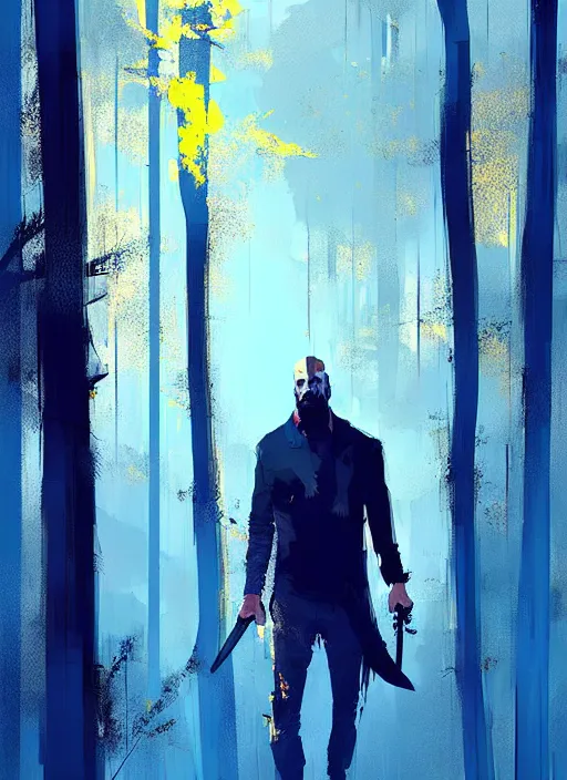 Prompt: horror art, jason statham vampire hunter, blue and gold trees in the background, art by ismail inceoglu