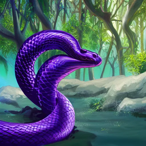 Prompt: a purple head of a serpent with big white eyes, sticking above the water in the mangroves, marshes, trending on artstation, 4 k, video game art, oil painting