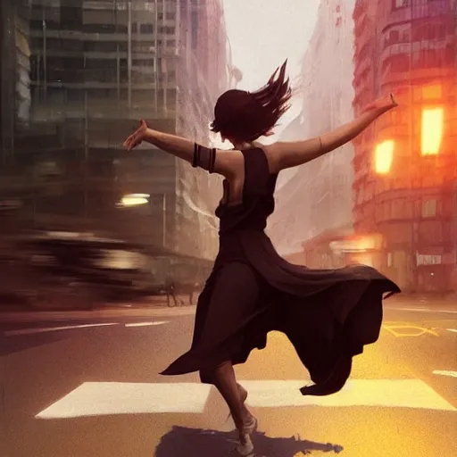 Image similar to A handsome woman, dancing in the middle of an intersection, stopping peak hour traffic, digital art, fantasy art by Greg Rutkowski