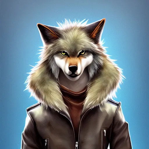 Image similar to award winning beautiful portrait commission of a male furry anthro wolf fursona with a bushy tail and a leather jacket, cute, beautiful, attractive, detailed,