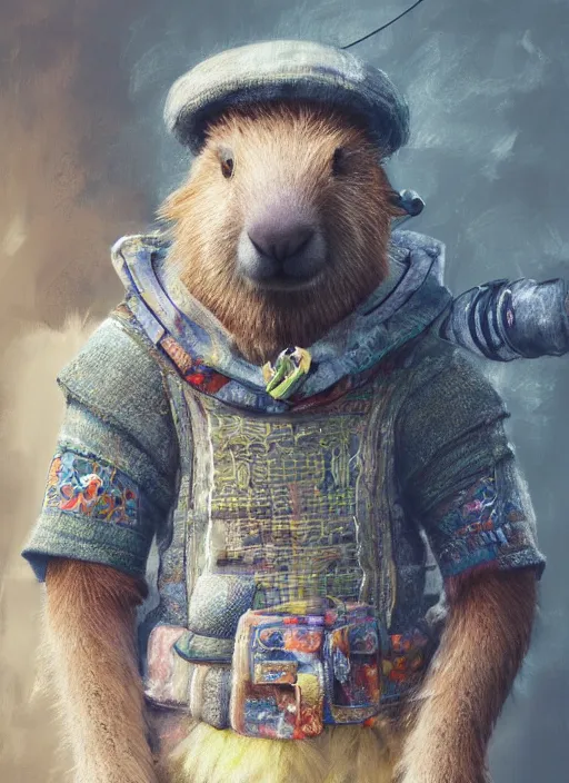 Prompt: detailed full body concept art illustration, soft focus, pastel painting on canvas of an anthropomorphic capybara fisherman in full intricate clothing, biomutant, dystopian, micro detail, octane render, 4K