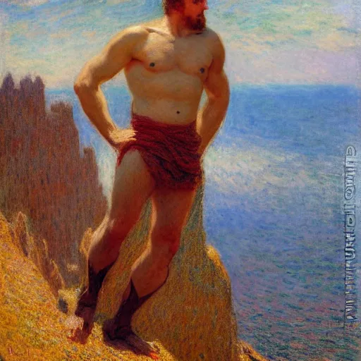 Image similar to an attractive male standing on a cliff, looking out at a red ocean, by gaston bussiere, craig mullins, j. c. leyendecker, claude monet