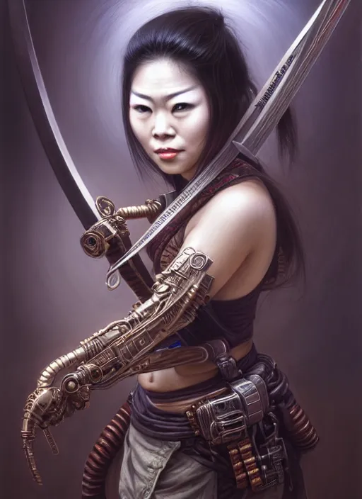 Image similar to closeup portrait shot of an asian cyberpunk female holding a katana, wearing a mask, intricate, elegant, highly detailed, centered, digital painting, artstation, concept art, smooth, sharp focus, illustration, artgerm, tomasz alen kopera, peter mohrbacher, donato giancola, joseph christian leyendecker, wlop, boris vallejo