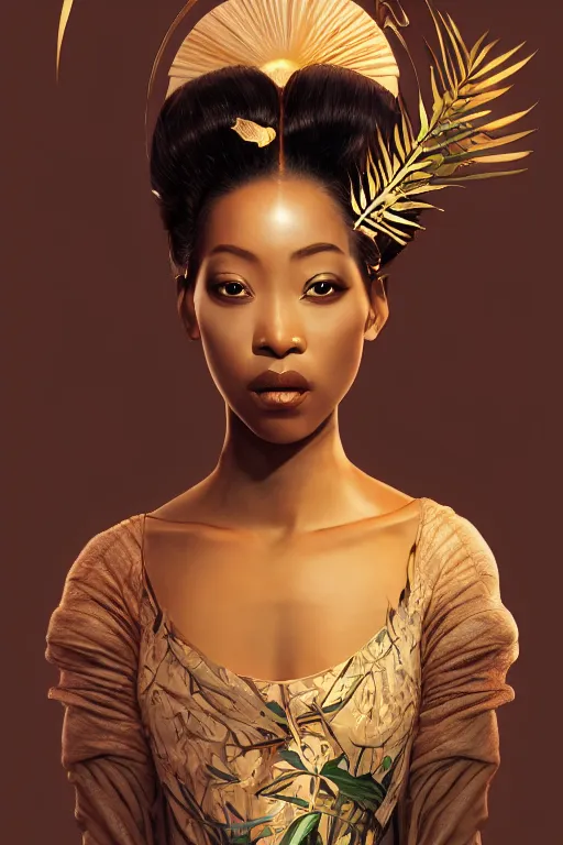 Image similar to stunningly beautiful, nubian geisha prima ballerina in jungle, symmetrical face, golden hour, smooth, focus, highly detailed, hyper realistic, dramatic lighting, elegant, intricate, concept art, art by wlop, mars ravelo, greg rutowski, artstation