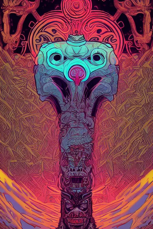 Image similar to totem animal tribal chaman vodoo mask feather gemstone plant video game illustration vivid color borderlands and by feng zhu and laurie greasley, victo ngai, andreas rocha, john harris radiating a glowing aura