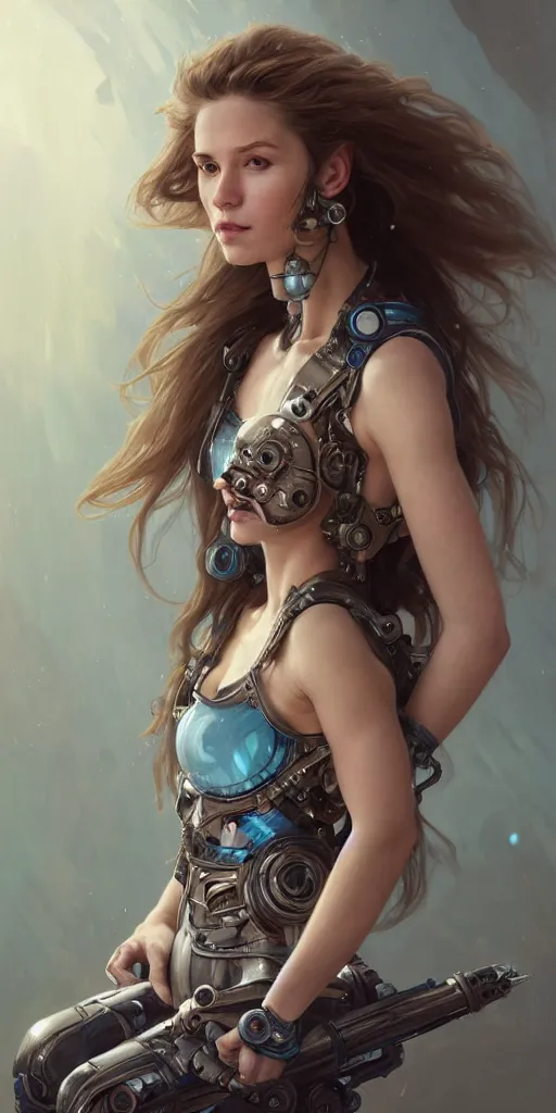 Image similar to portrait of a young ruggedly beautiful but joyful cyborg, female, femenine, upper body, aquamarine color hair, long hair, d & d, fantasy, piercing eyes, intricate, elegant, highly detailed, digital painting, artstation, concept art, matte, sharp focus, illustration, art by artgerm and greg rutkowski and alphonse mucha