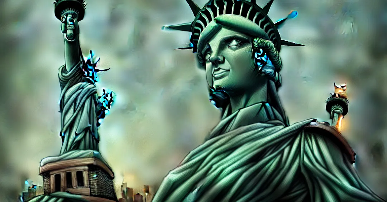 Image similar to statue of liberty as character in minecraft game, beautiful digital art, by bastien lecouffe deharme