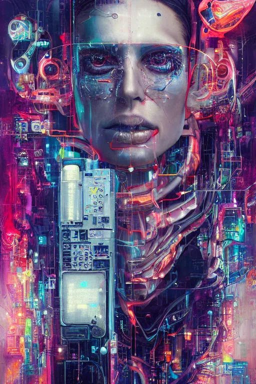 Image similar to portrait of computer & circuits, melting, the billionaire, 8 k, by tristan eaton, stanley artgermm, tom bagshaw, greg rutkowski, carne griffiths, ayami kojima, beksinski, giger, trending on deviantart, face enhance, hyper detailed, minimalist, cybernetic, android, blade runner, full of colour, super detailed