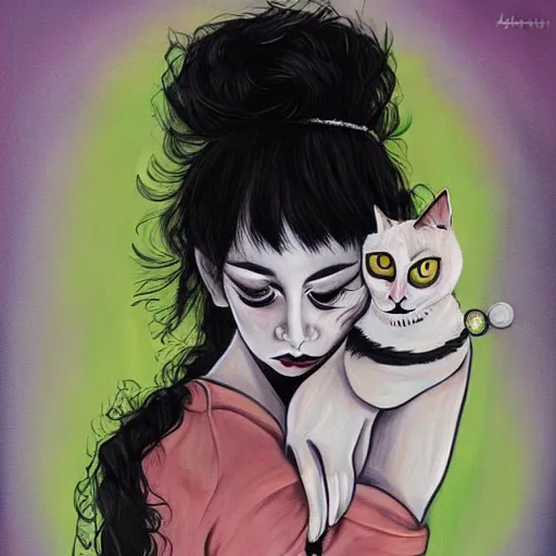 Image similar to a painting of a woman holding a cat, a character portrait by harumi hironaka, trending on deviantart digital illustration