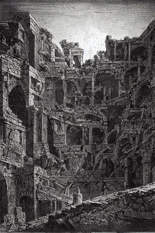 Image similar to an engraving of a medieval dungeon, carceri d'invenzione, by giovanni battista piranesi, gustave dore, volumetric lighting