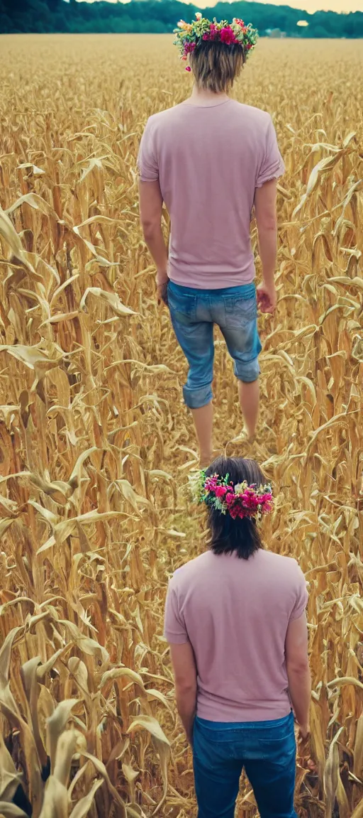 Image similar to agfa vista 4 0 0 photograph of a skinny blonde guy standing in a cornfield, flower crown, back view, grain, moody lighting, telephoto, 9 0 s vibe, blurry background, vaporwave colors!, faded!,