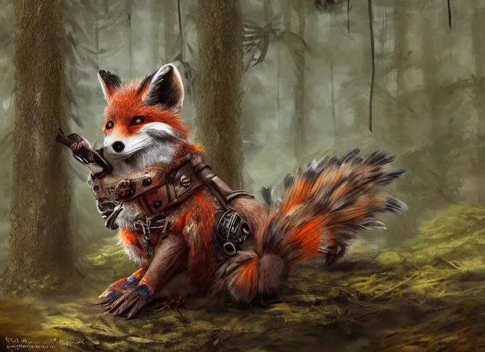 Image similar to ashigaru steampunk - inspired feathered anthropomorphic fox, colorful plumage, lacquered armor, cute but determined, hard focus, art station, by jessica rossier and brian froud, cinematic fantasy painting, orange grey white, in a woodland glade