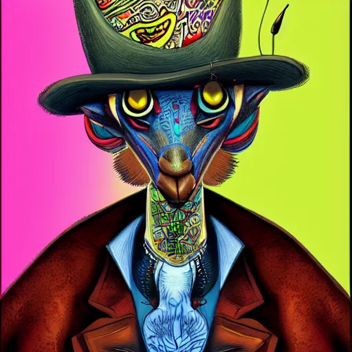 Image similar to a dik dik monster with tattoos wearing a fedora hat, colorful, digital art, fantasy, magic, trending on artstation, ultra detailed, professional illustration by basil gogos